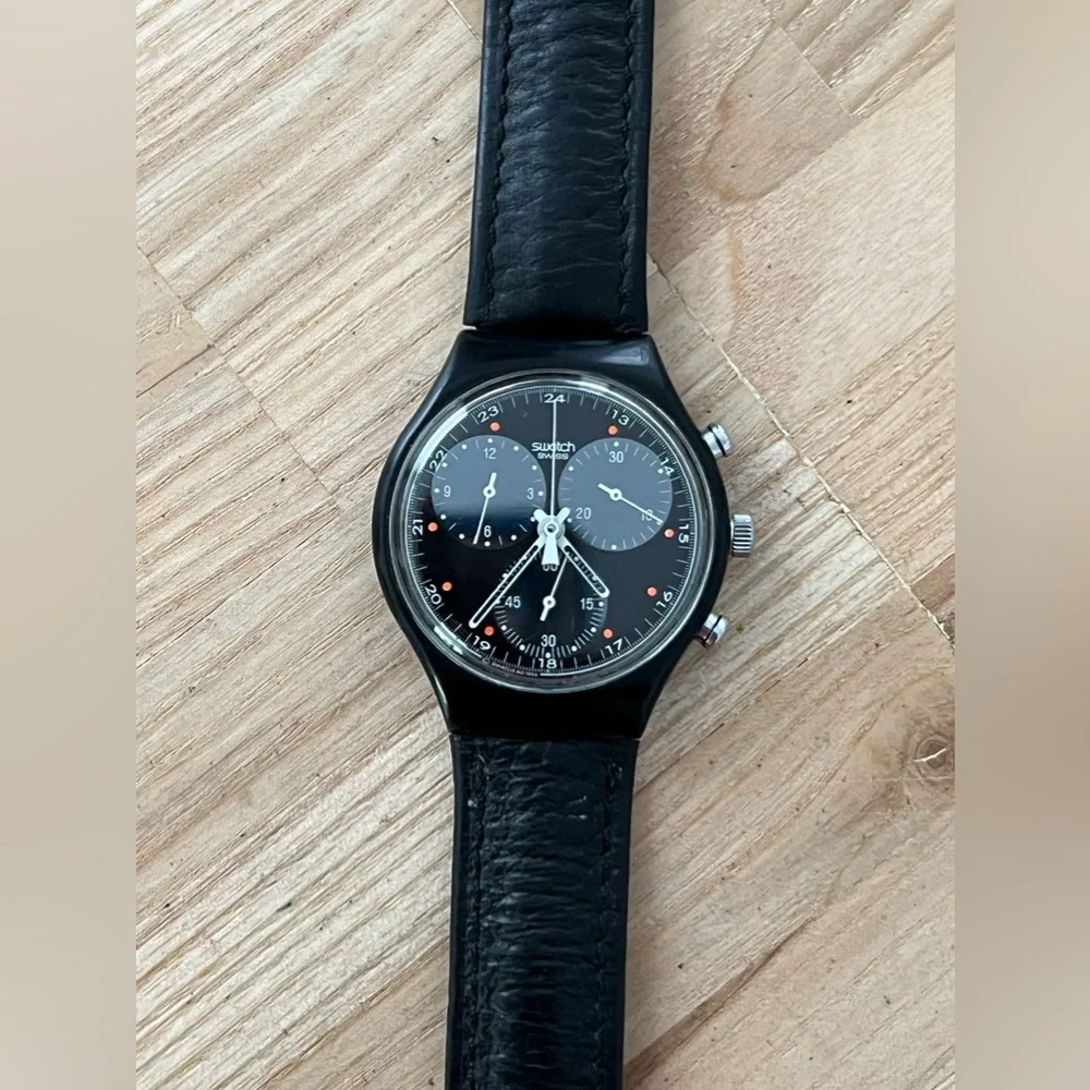 Swatch Chronograph 1991 Wall Street Super Rare Vintage Watch Black Dial Leather